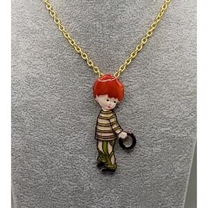 Rare Vintage Enamel Boy Pendant Necklace Gold Tone 24 in Chain Hard to Find